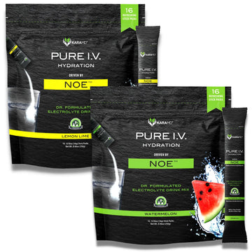 KaraMD Pure I.V. - Doctor Formulated Electrolyte Powder Drink Mix 2 Flavor Bundle ? Refreshing & Delicious Hydrating Packets with Vitamins & Minerals ? 1 Lemon Lime & 1 Watermelon Bag (32 Sticks)
