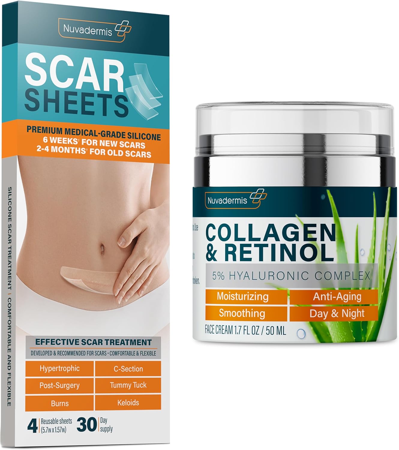 Nuvadermis Scar Care & Anti-Aging Bundle - Silicone Scar Sheets (Pack Of 4) + Collagen & Retinol Face Moisturizer (1.7 Oz Pump)