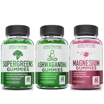 Supergreen, Magnesium & Ashwagandha Gummies - Improves Sleep & Helps Muscle Cramps, Supergreens With Spinach, Broccoli, Beetroot, Green Tea, & Acai For Immune Support - 60 Gummies