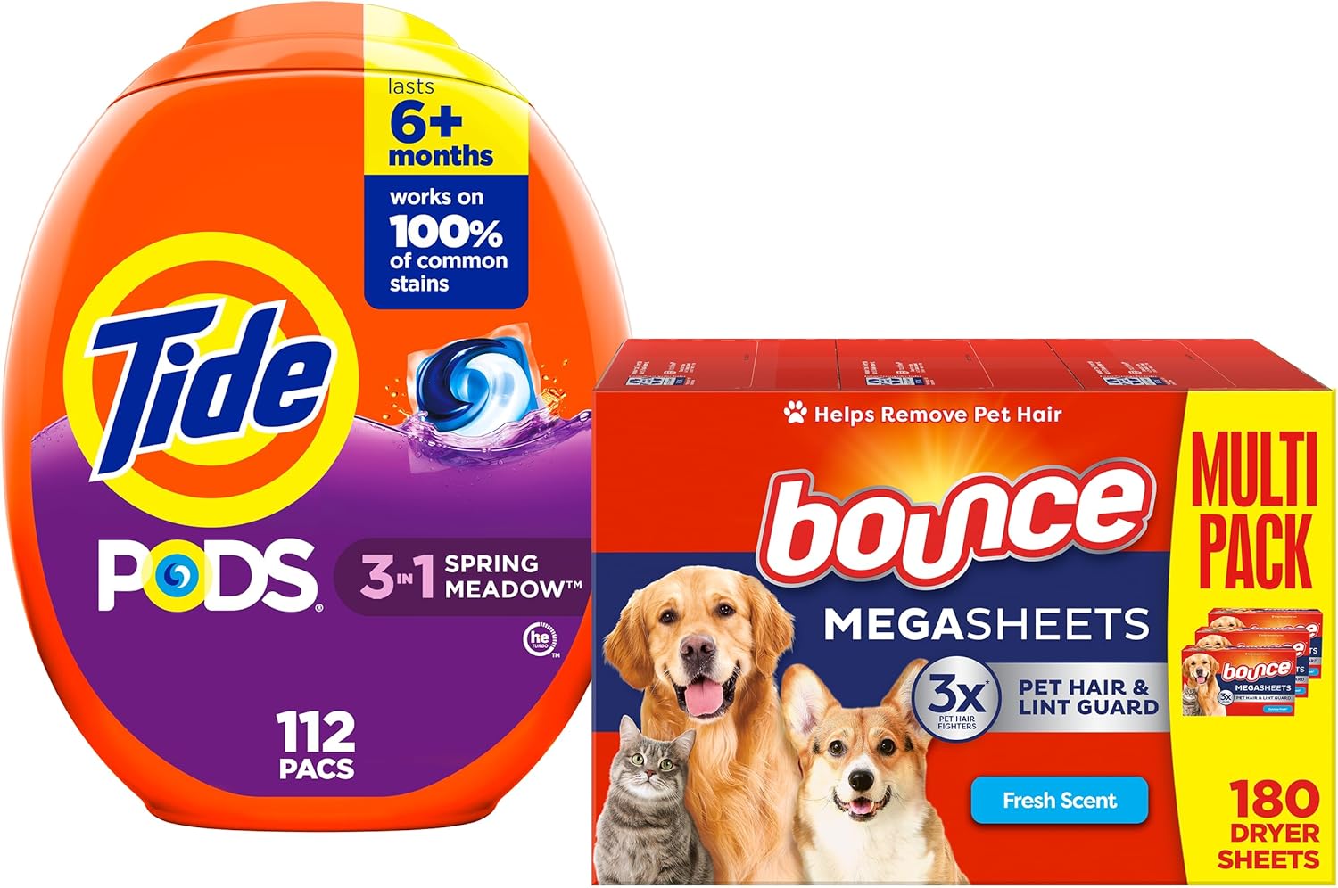 Pet Hair Bundle: Tide Pods Laundry Detergent Soap Pods, Spring Meadow Scent, 112 Count + Bounce Pet Hair And Lint Guard Mega Fabric Softener Dryer Sheet, Fresh Scent, 180 Count