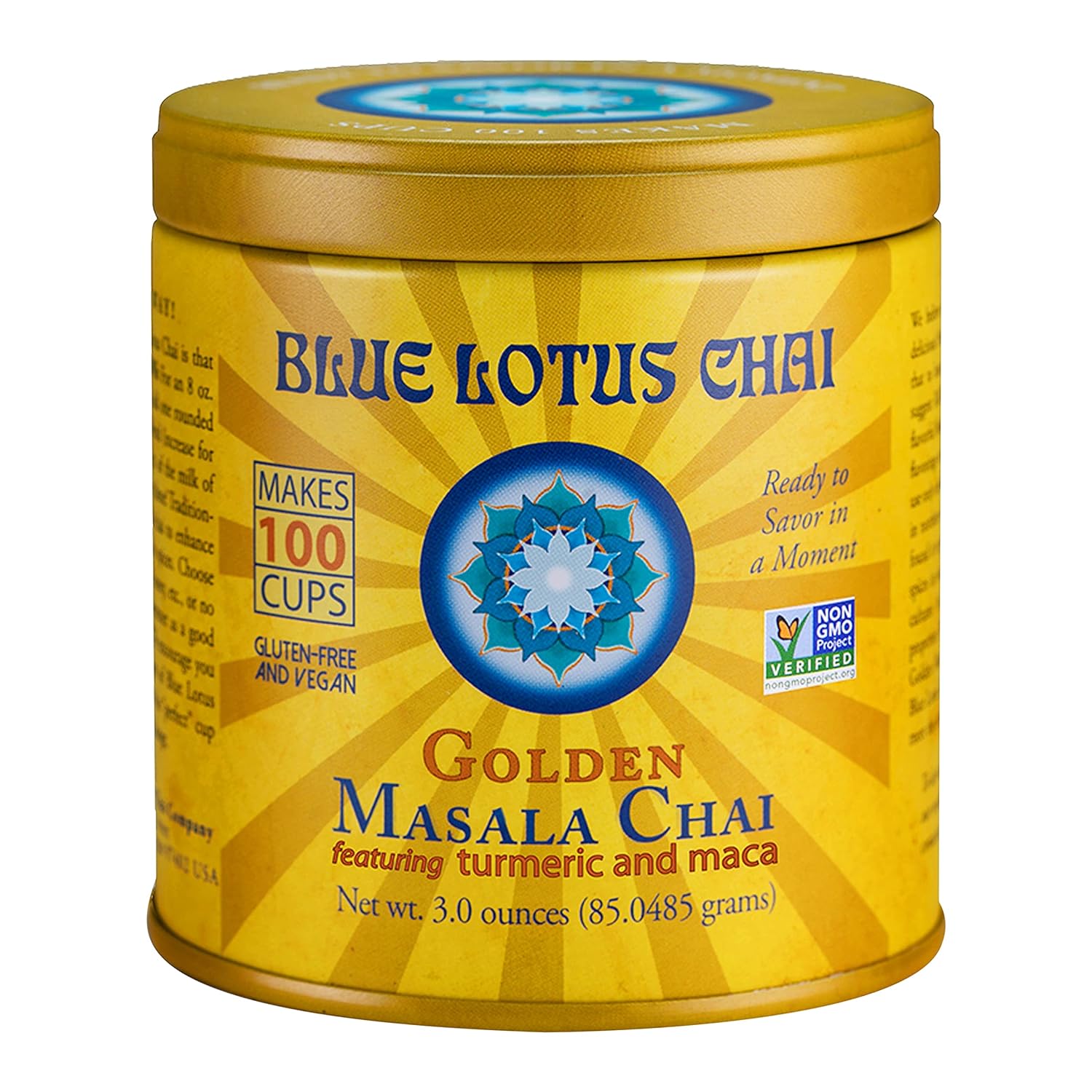 Blue Lotus Chai - Golden Masala Flavor Chai - Makes 100 Cups - 3 Ounce Masala Spiced Chai Powder With Organic Spices - Instant Indian Tea No Steeping - No Gluten