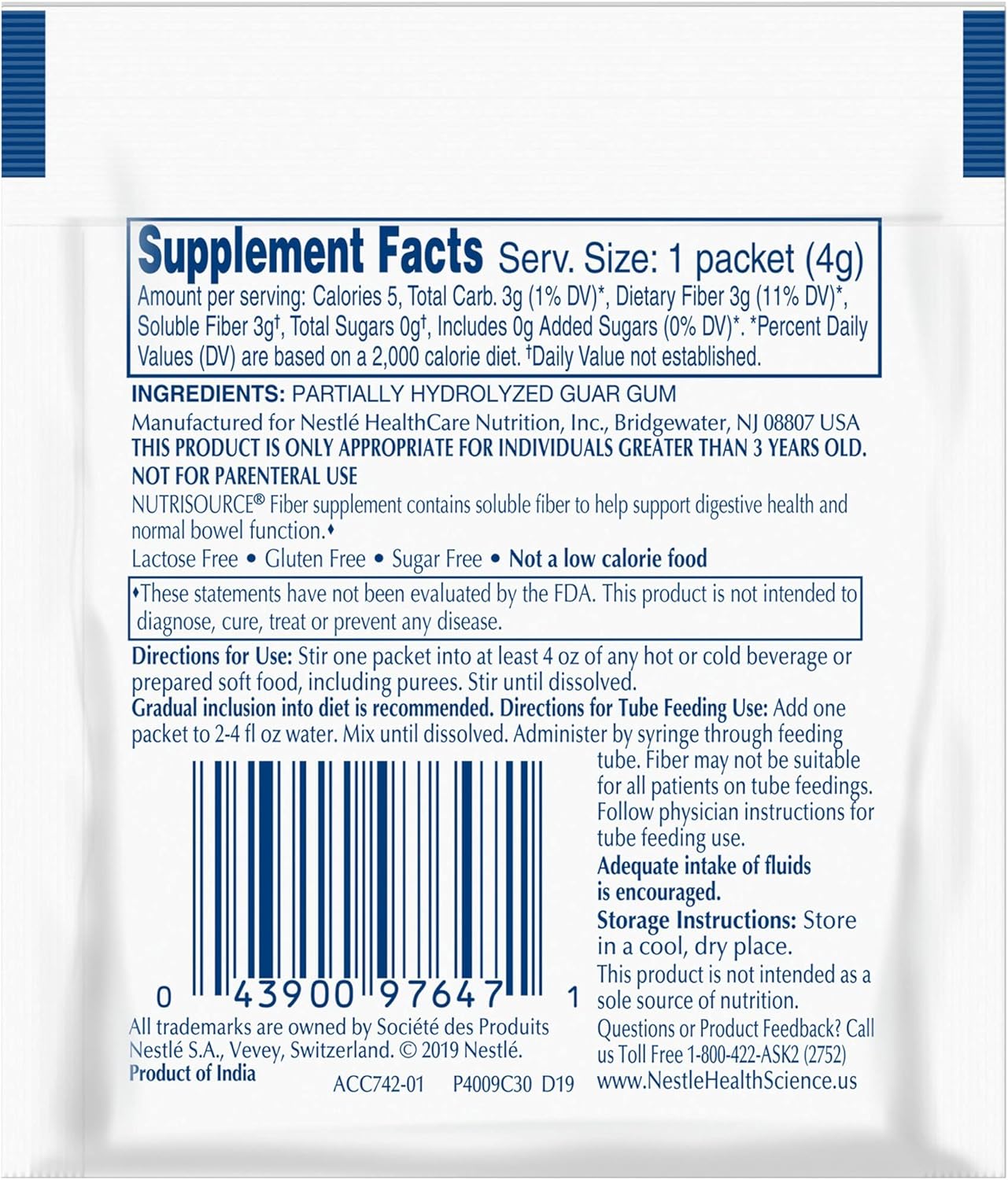 Nestle Nutrisource Fiber Fiber Supplement Unflavored 7.2 Oz. Canister 4 Ct : Health & Household