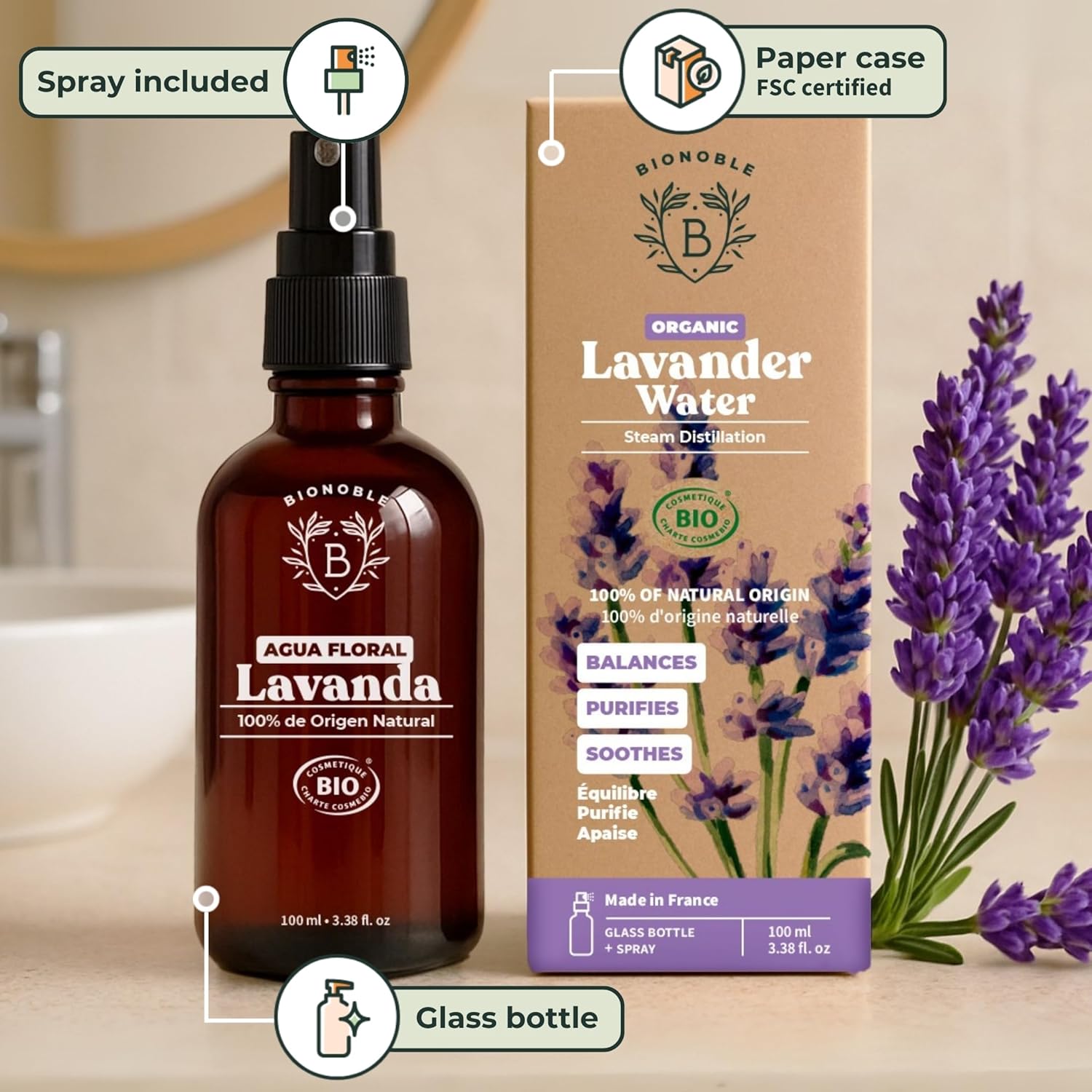 Bionoble Organic Rose Water 200Ml - 100% Pure And Natural Damask Rose Hydrolat - Face, Eye Contour, Body, Hair - Glass Bottle + Spray
