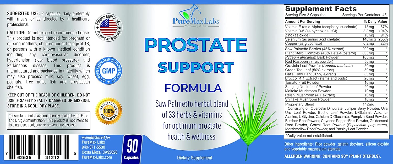 Prostate Support Formula For Men - Saw Palmetto, Plant Sterol, 33 Herbs, Bladder Control Pills To Reduce Frequent Urination & Dht Blocker To Prevent Hair Loss | Prostate Supplement | 90 Capsules : Health & Household