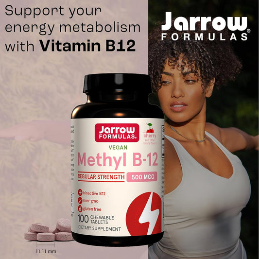 Jarrow Formulas, Methyl B12, 500Mcg, Cherry Flavour, 100 Chewable Vegan Tablets, Lab Tested, Gluten Free, Vegetarian, Soy Free, Gmo Free