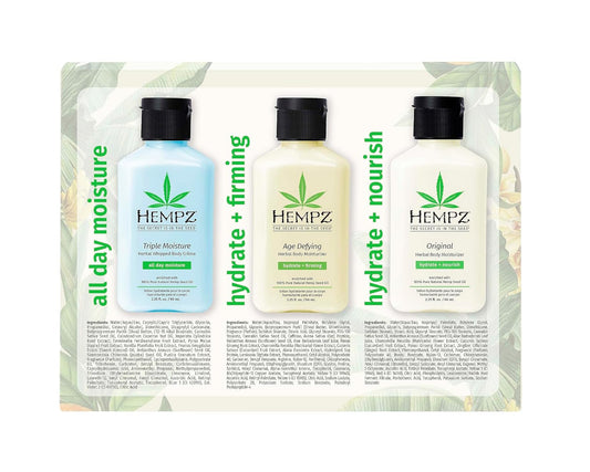 Hempz Healthy Hydration Triple Moisture, Age Defying, & Original (2.25 Oz, 3-Pack) Body Moisturizing Lotion Gift Set – Mini Scented Travel Cream Skin Care For Women & Men, Made With Shea Butter