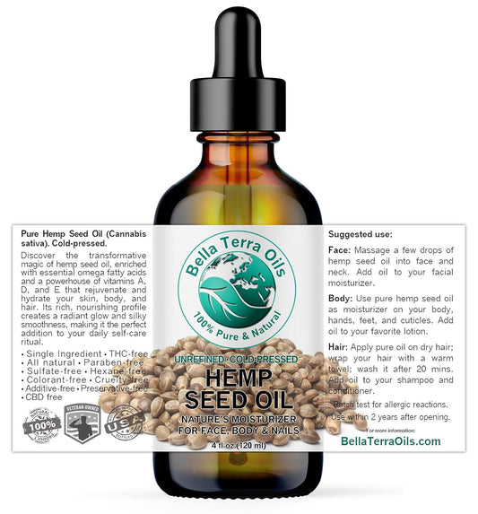 Bella Terra Oils - Hemp Seed Oil 4 oz - Dive into the World of Linoleic Acid & Alpha-Linolenic Acid, Packed with Essential Vitamins, Perfect for Cosmetic Elixirs