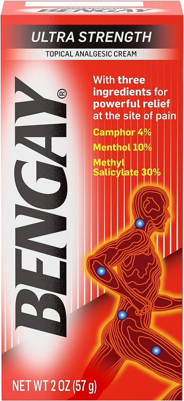 Bengay Ultra Strength Topical Pain Relief Cream, Non-Greasy Analgesic for Minor Arthritis, Muscle, Joint, and Back Pain, Camphor, Menthol & Methyl Salicylate, 2 oz Packaging May Vary