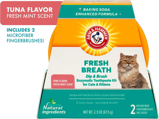 Arm & Hammer Dip & Brush Fresh Breath Enzymatic Toothpaste Kit For Cats And Kittens With 2 Microfiber Finger Bushes, 2.5 Ounces, Tuna Flavor | Cat Dental Care Kit