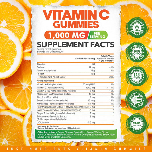 Vitamin C 1000Mg Gummies For Adults & Kids – Multivitamin With Zinc & Herbal Extracts For Immune & Collagen Support For Skin – Orange Flavor – Gluten Free, Non-Gmo, Vegetarian – 60 Gummies