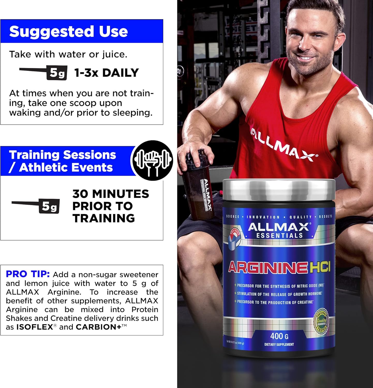 ALLMAX Essentials ARGININE HCL - 400 g - Precursor for Synthesis of Nitric Oxide - Vegan & Gluten Free - 200 Servings : Health & Household