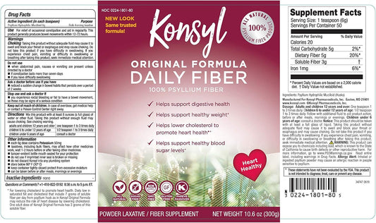 KONSYL PHARMACEUTICALS Original Formula 100% Psyllium Fiber, 10.6 Ounce, Powder : Health & Household