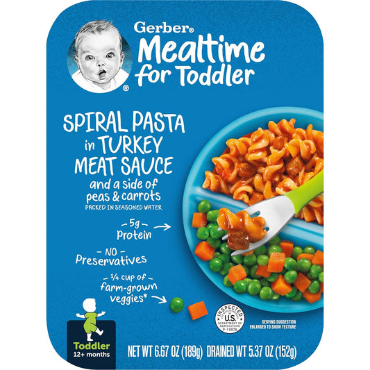 Gerber Mealtime for Toddler Spiral Pasta in Turkey Meat Sauce with Side of Green & Yellow Beans, 6.67 Ounce (Pack of 8)