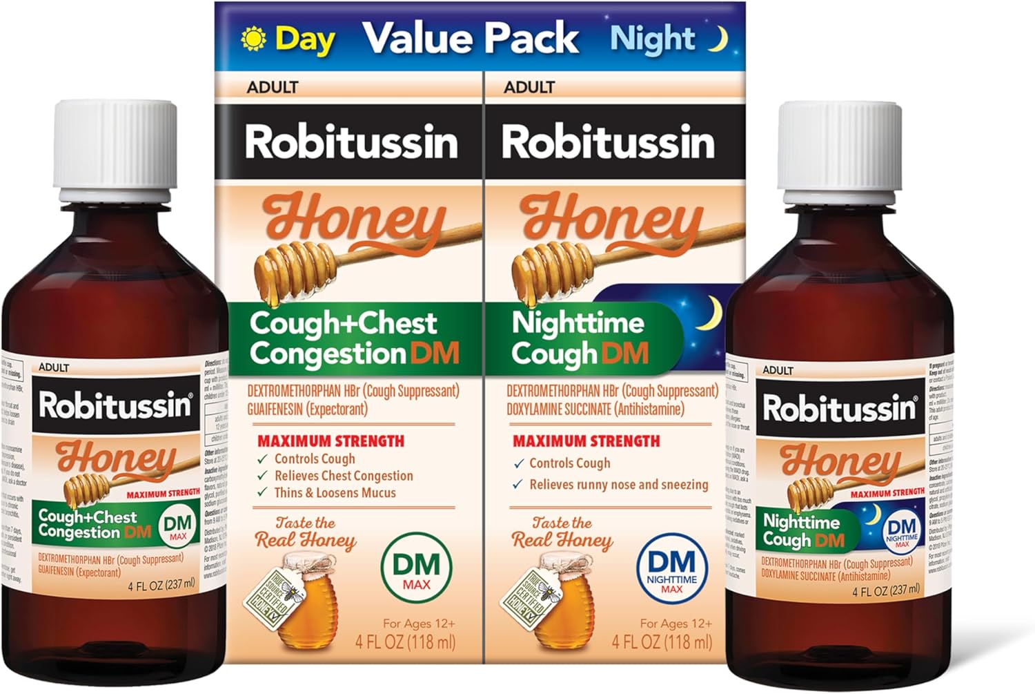 Robitussin Honey Dm Max Cough Plus Chest Congestion And Robitussin Maximum Strength Honey Nighttime Cough Dm, Adult Formulas - 2 X 4 Fl Oz Bottles