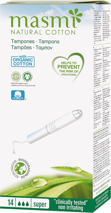 14 Masmi Super Applicator Cotton Tampons Certified Organic Hypoallergenic, Biodegradable, Cardboard Applicator, Free of Perfume Viscose Rayon Chlorine and Dioxin (Single Pack)