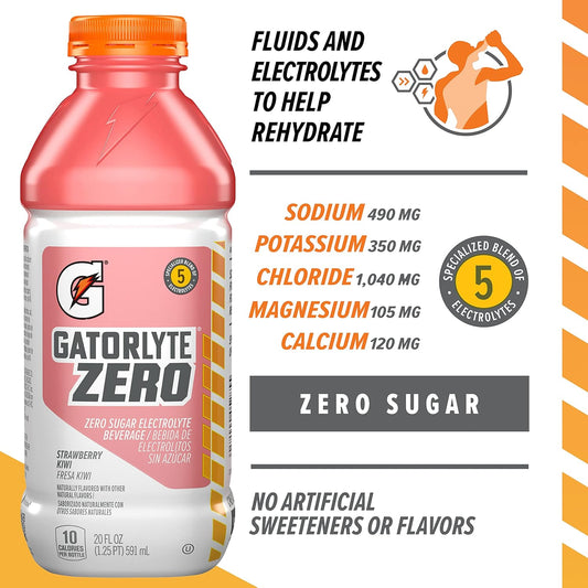 Gatorlyte Zero Electrolyte Beverage, Strawberry Kiwi, Zero Sugar Hydration, Specialized Blend Of 5 Electrolytes, No Artificial Sweeteners Or Flavors, 20 Oz Bottles (Pack Of 12)