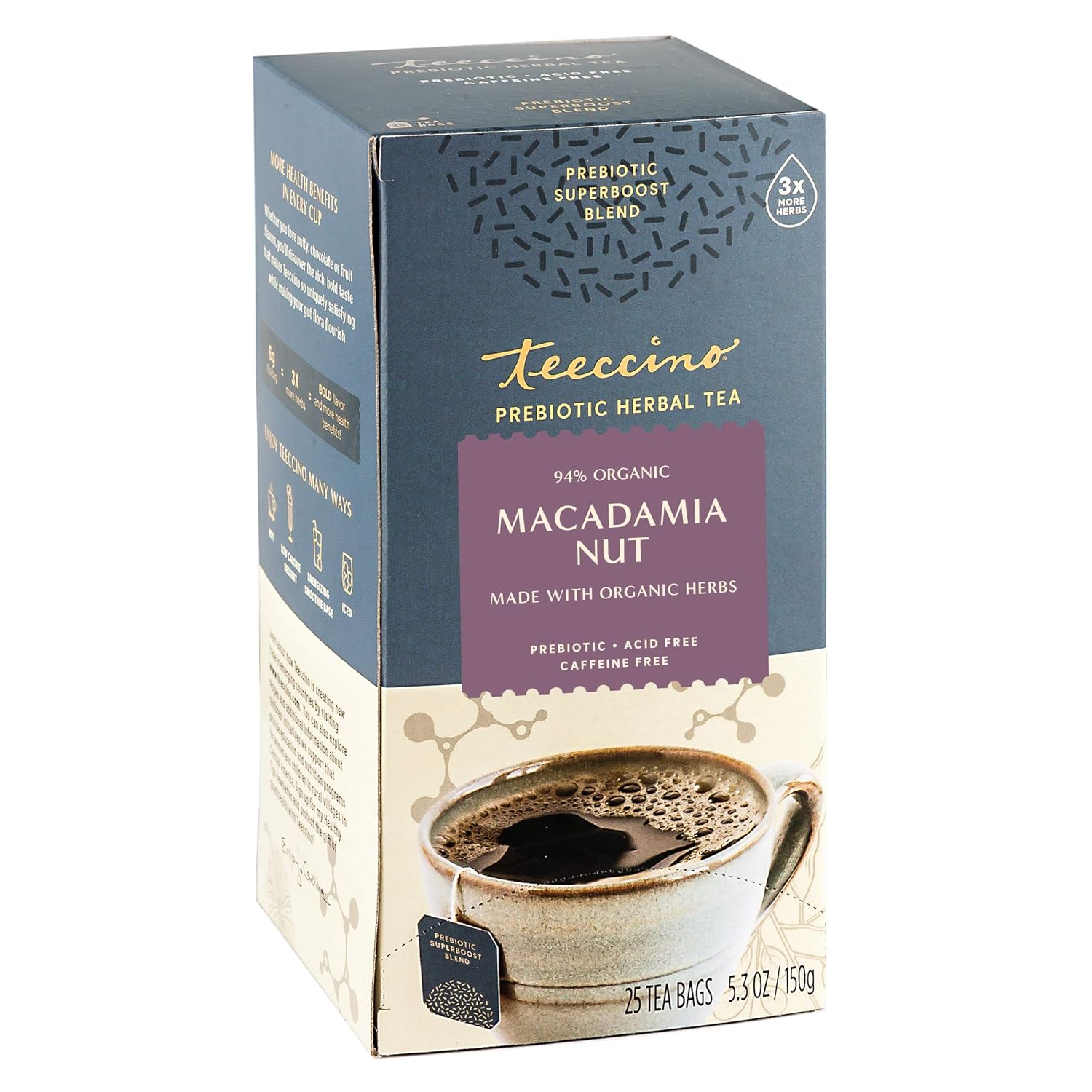 Teeccino Macadamia Nut - Prebiotic Superboost™ Herbal Tea - Support Your Probiotics With Vegan Gos & Organic Xos For Good Gut Health - Digestive Dessert Tea, 25 Tea Bags