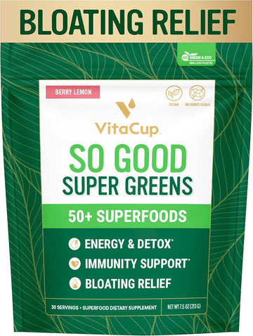 Vitacup So Good Super Greens Powder W/ 50+ Premium Superfoods, Boost Energy, Detox, Immunity W/Probiotics, Prebiotics, Fiber, Antioxidants, Adaptogens, Spirulina, Berry Lemon,30 Servings