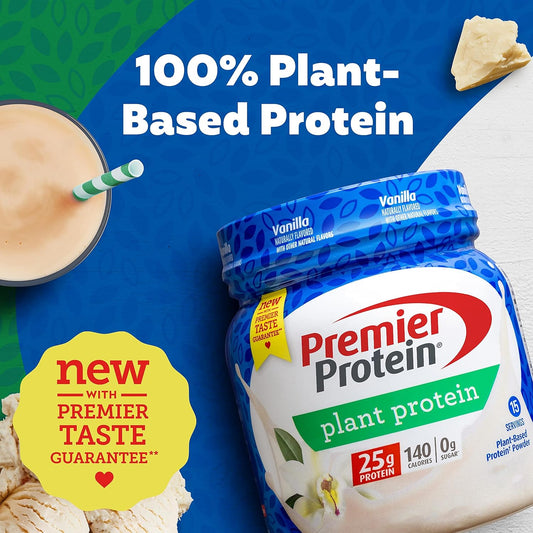 Premier Protein Powder Plant Protein, Vanilla, 25G Plant-Based Protein, 0G Sugar, Gluten Free, No Soy Or Dairy Ingredients, 15 Servings