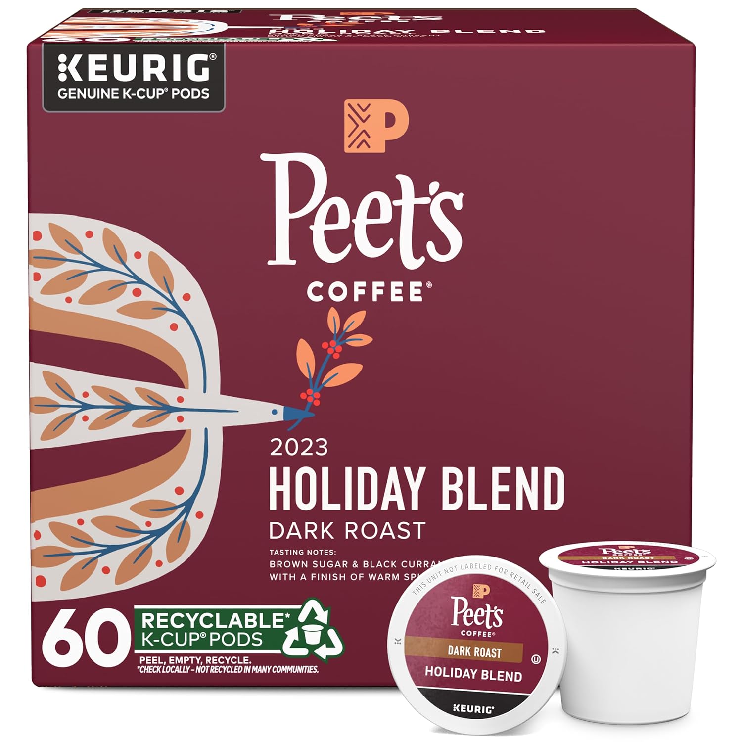 Peet's Coffee , Dark Roast K-Cup Coffee Pods for Keurig Brewers - Holiday Blend 2023 60 Count (6 Boxes of 10 K-Cup Pods)