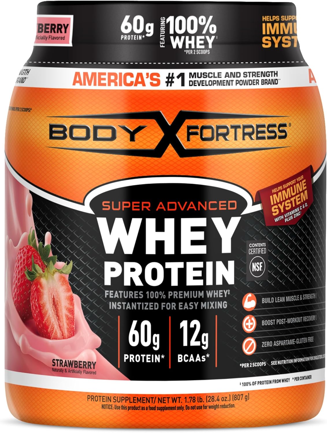 Body Fortress Super Advanced Whey Protein Powder, Strawberry, 60G Protein & 12G Bcaas Per 2 Scoops, Muscle Gain & Recovery, Immune Support With Vitamins C & D, 1.78Lb (Packaging May Vary)