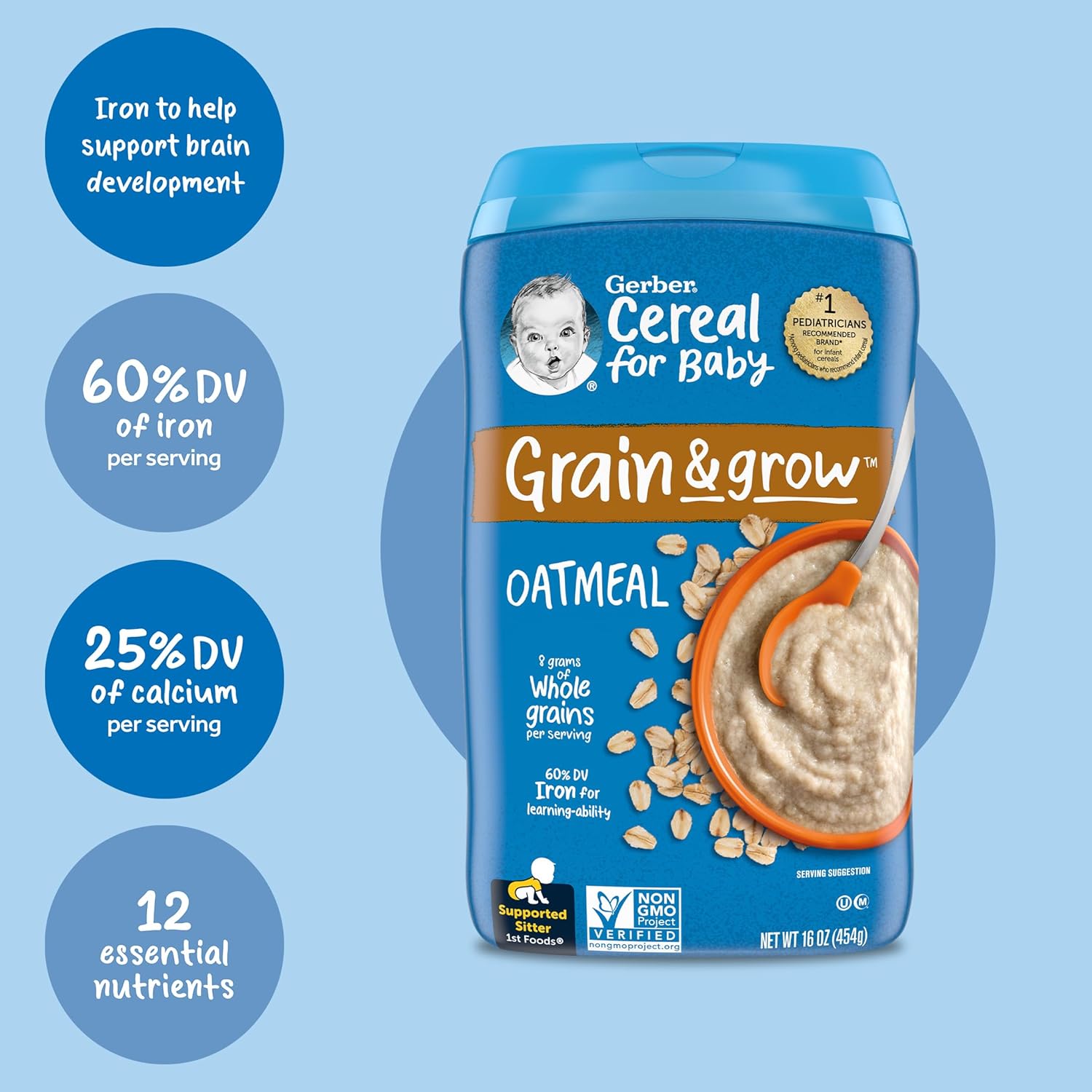 Gerber Baby Cereal 1st Foods, Grain & Grow, Oatmeal, 16 Ounce (Pack of 6)