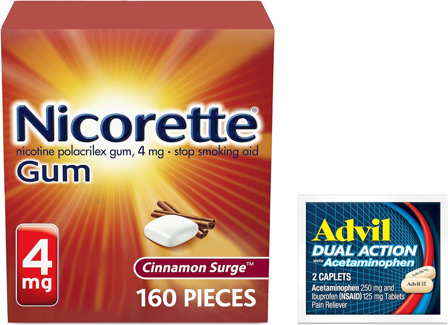 Nicorette 4 mg Nicotine Gum to Help Quit Smoking - Cinnamon Flavored Stop Smoking Aid, 1-Pack, 160 Count, Plus Advil Dual Action Coated Caplets with Acetaminophen, 2 Count