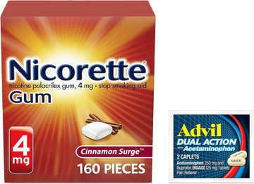 Nicorette 4 mg Nicotine Gum to Help Quit Smoking - Cinnamon Flavored Stop Smoking Aid, 1-Pack, 160 Count, Plus Advil Dual Action Coated Caplets with Acetaminophen, 2 Count