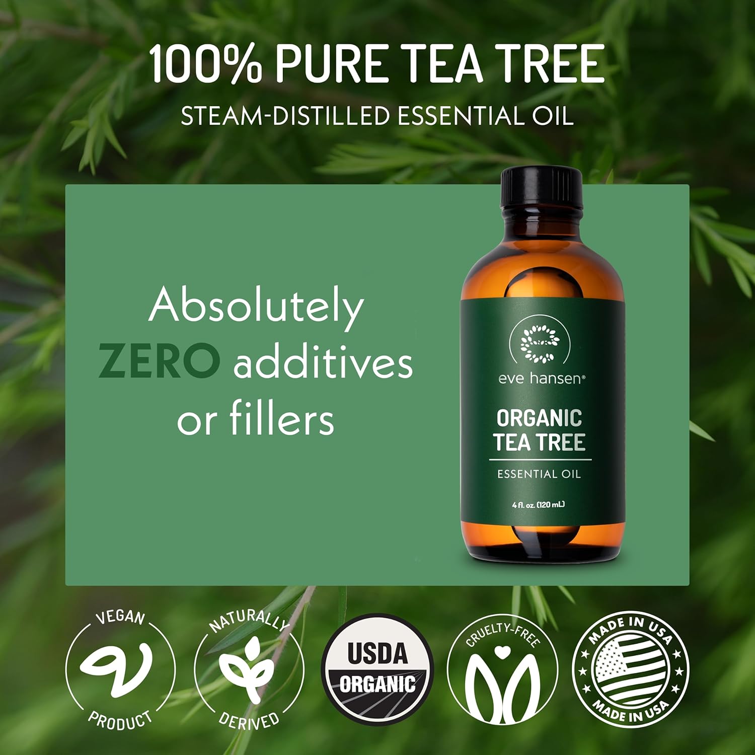 Eve Hansen Organic Tea Tree Oil (4Oz) | Melaleuca Alternifolia | Pure Tea Tree Essential Oil For Skin, Scalp, Nails And Aromatherapy