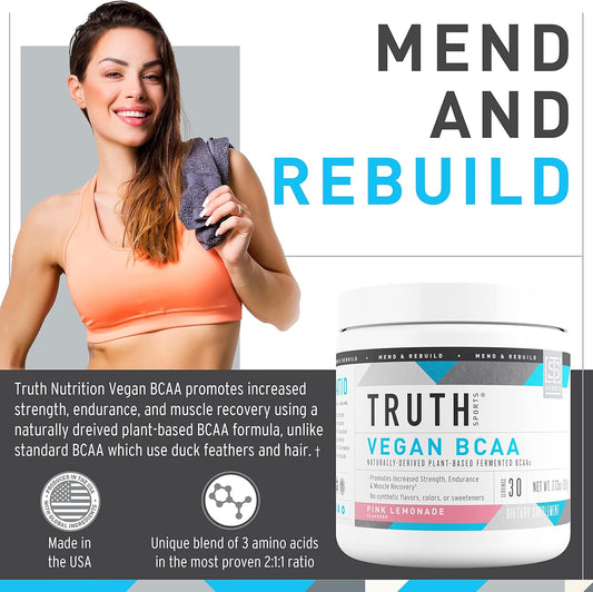 Vegan BCAA Powder- 2:1:1 Ratio Natural BCAAs Amino Acids Powder for Energy, Muscle Building, Post Workout Recovery Drink for Muscle Recovery (Pink Lemonade, 30 Servings)