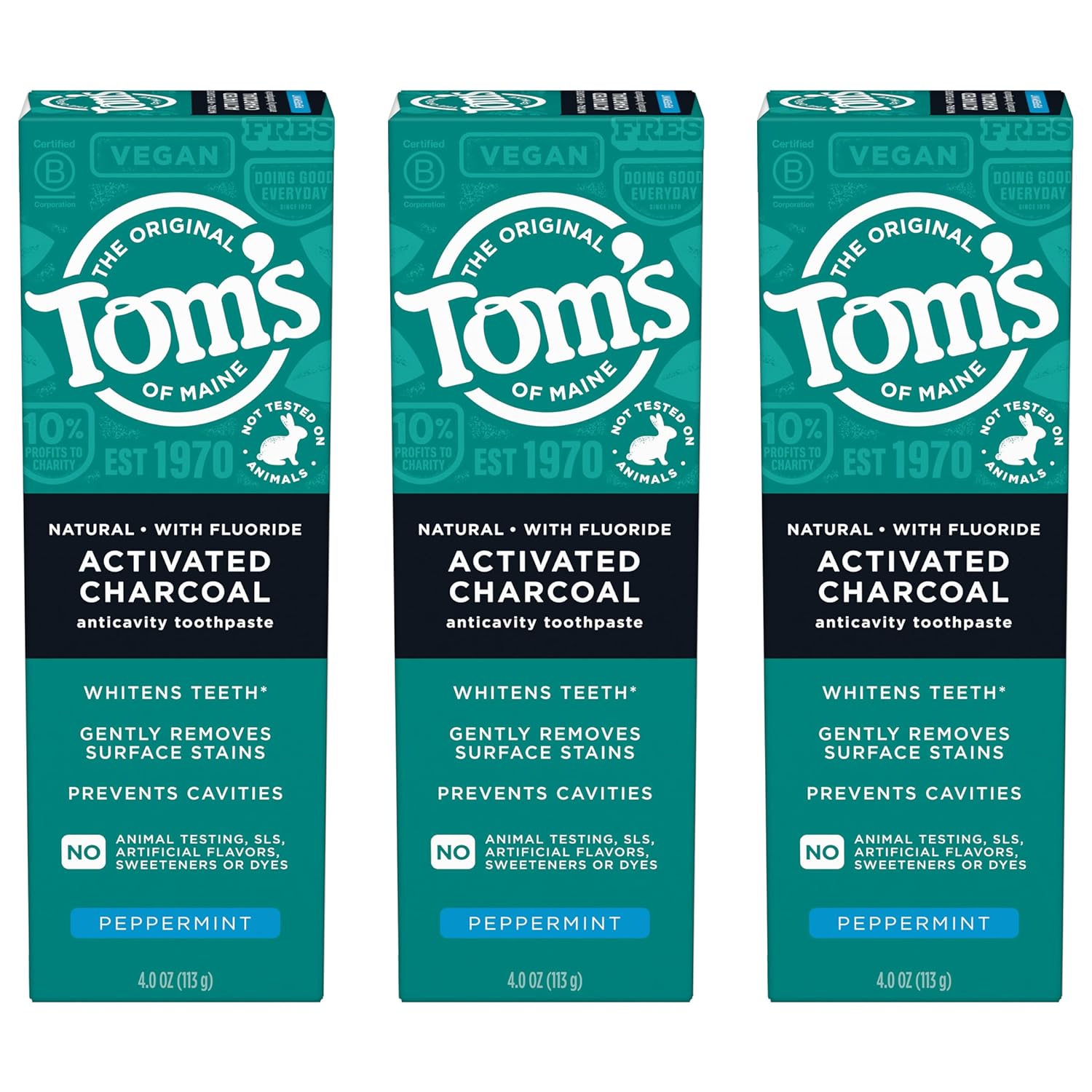 Tom’s of Maine Natural Activated Charcoal Toothpaste with Fluoride, Peppermint, 4.0 Oz (Pack of 3)