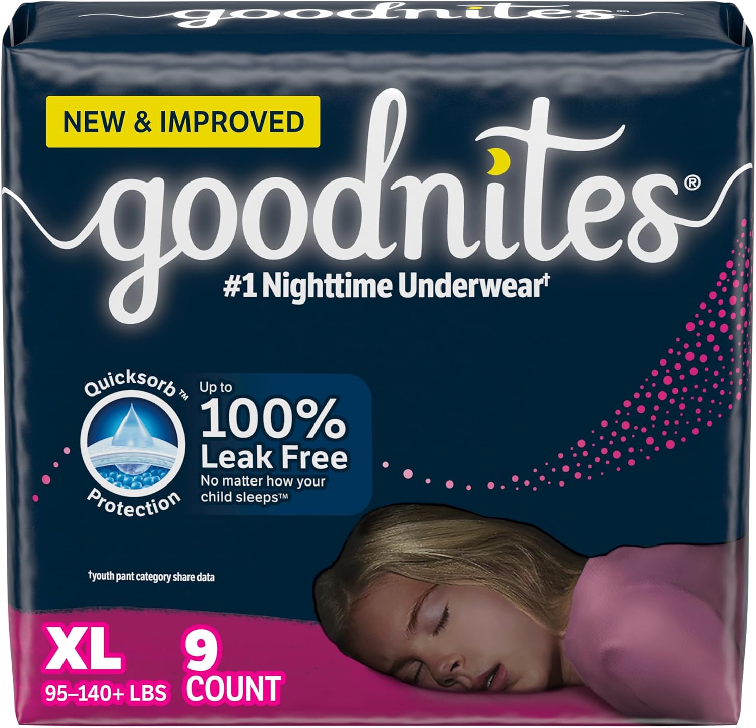 Goodnites Girls' Nighttime Bedwetting Underwear, Size Extra Large (95-140+ Lbs), 9 Ct, Packaging May Vary