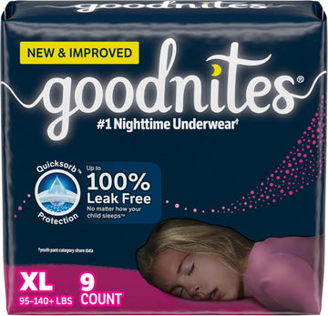 Goodnites Girls' Nighttime Bedwetting Underwear, Size Extra Large (95-140+ Lbs), 9 Ct, Packaging May Vary