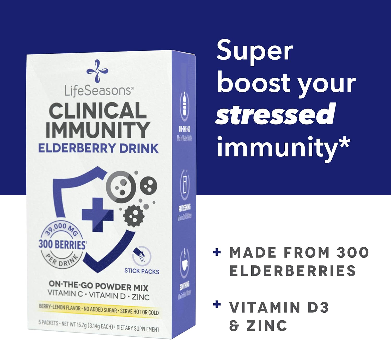 LifeSeasons Clinical Immunity - Elderberry Drink Mix - Protects & Fights for Healthy Immune Response - Immunity Booster - 3X Better Than Vitamin C - Serve Hot or Cold - Vitamin C + D + Zinc - (5 Pack) : Health & Household