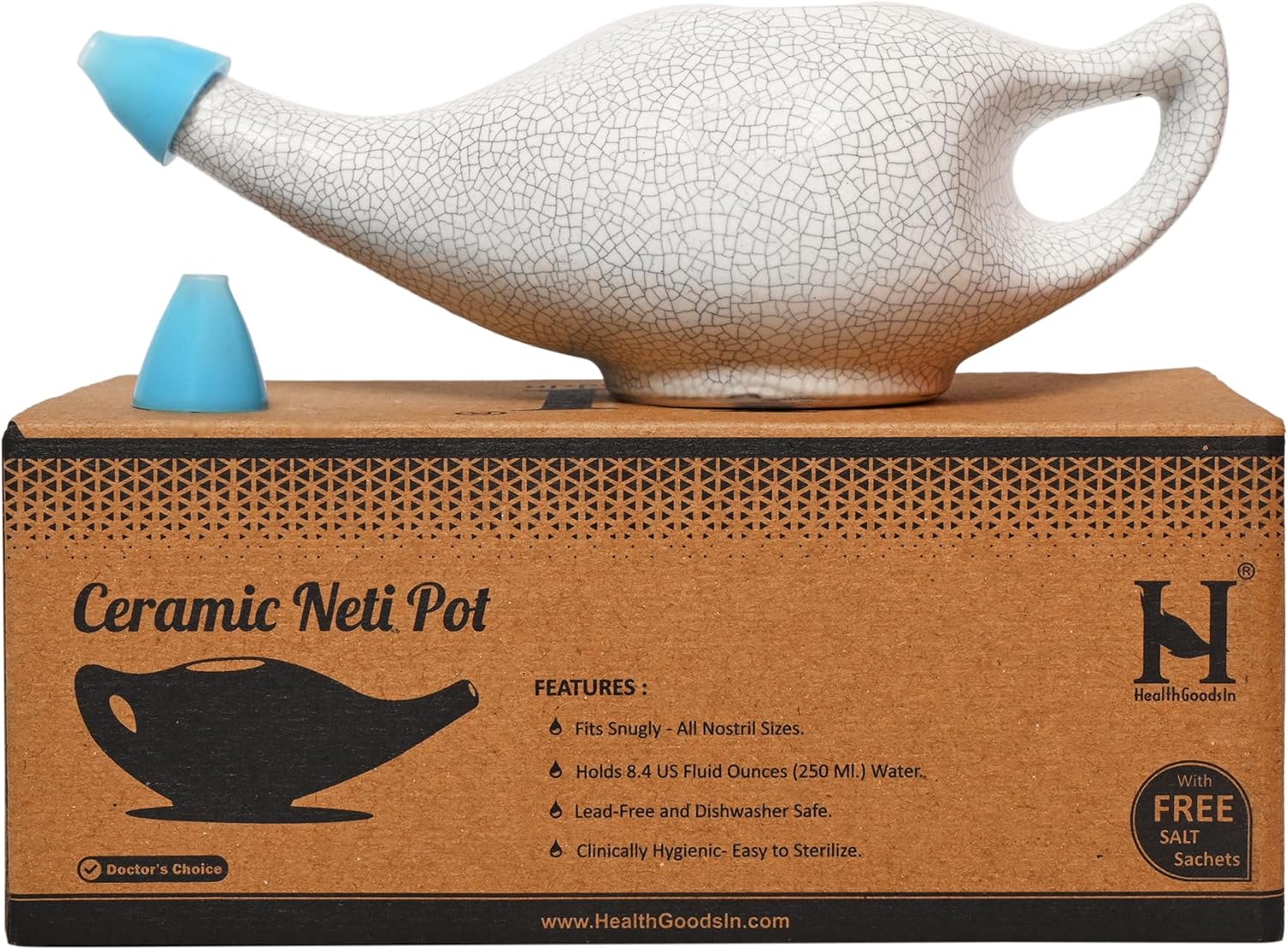 Healthgoodsin Ceramic Neti Pot With Salt, Dishwasher Friendly, With 2 Detachable Silicone Nozzle Tip, Holds 225 Ml (7.6 Fl Oz) Water - Crackle Pattern Ivory