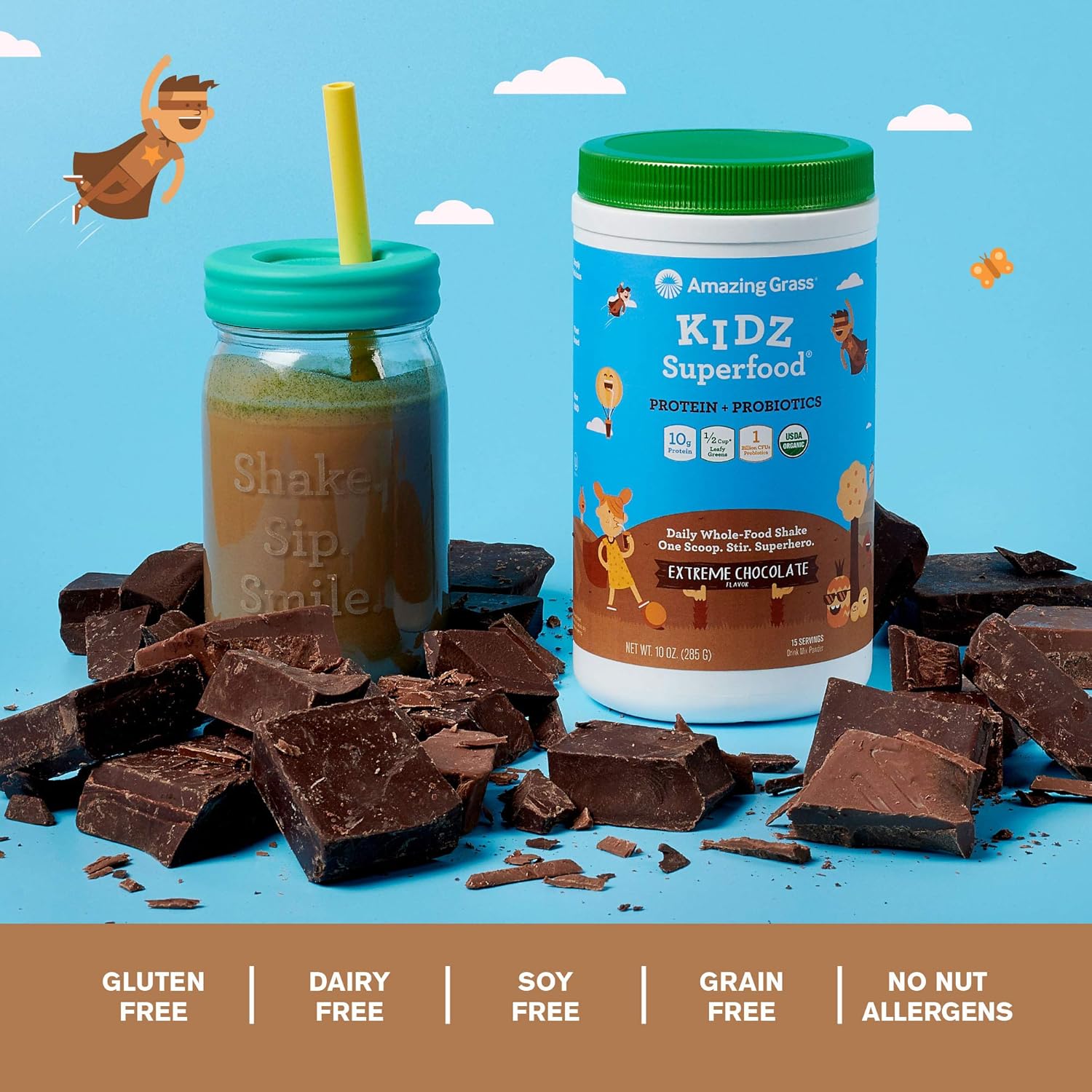 Amazing Grass Kidz Superfood: Vegan Protein & Probiotics for Kids with Beet Root Powder & 1/2 Cup of Leafy Greens, Extreme Chocolate, 15 Servings : Health & Household
