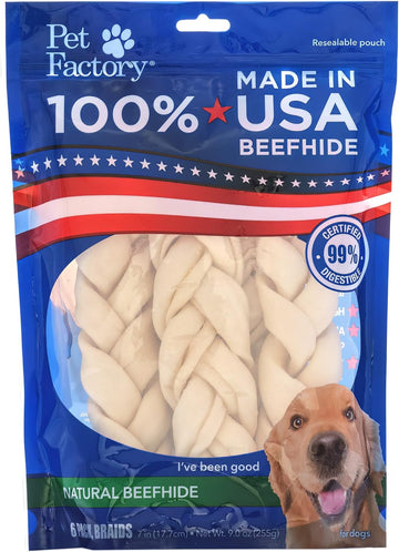 Pet Factory 100% Made in USA Beefhide 7" Braided Sticks Dog Chew Treats - Natural Flavor, 6 Count/1 Pack