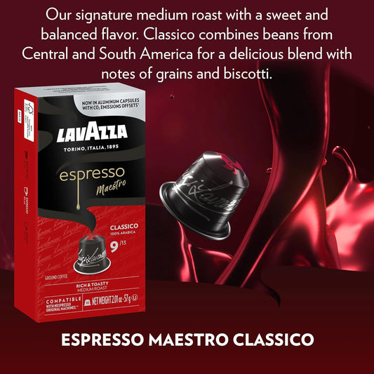 Lavazza Espresso Classico Medium Roast 100% Arabica Aluminum Capsules Compatible With Nespresso Original Machines 10 Count (Pack Of 6) ,Value Pack, Sweet And Balanced, Dark Crema, Intensity 9 13