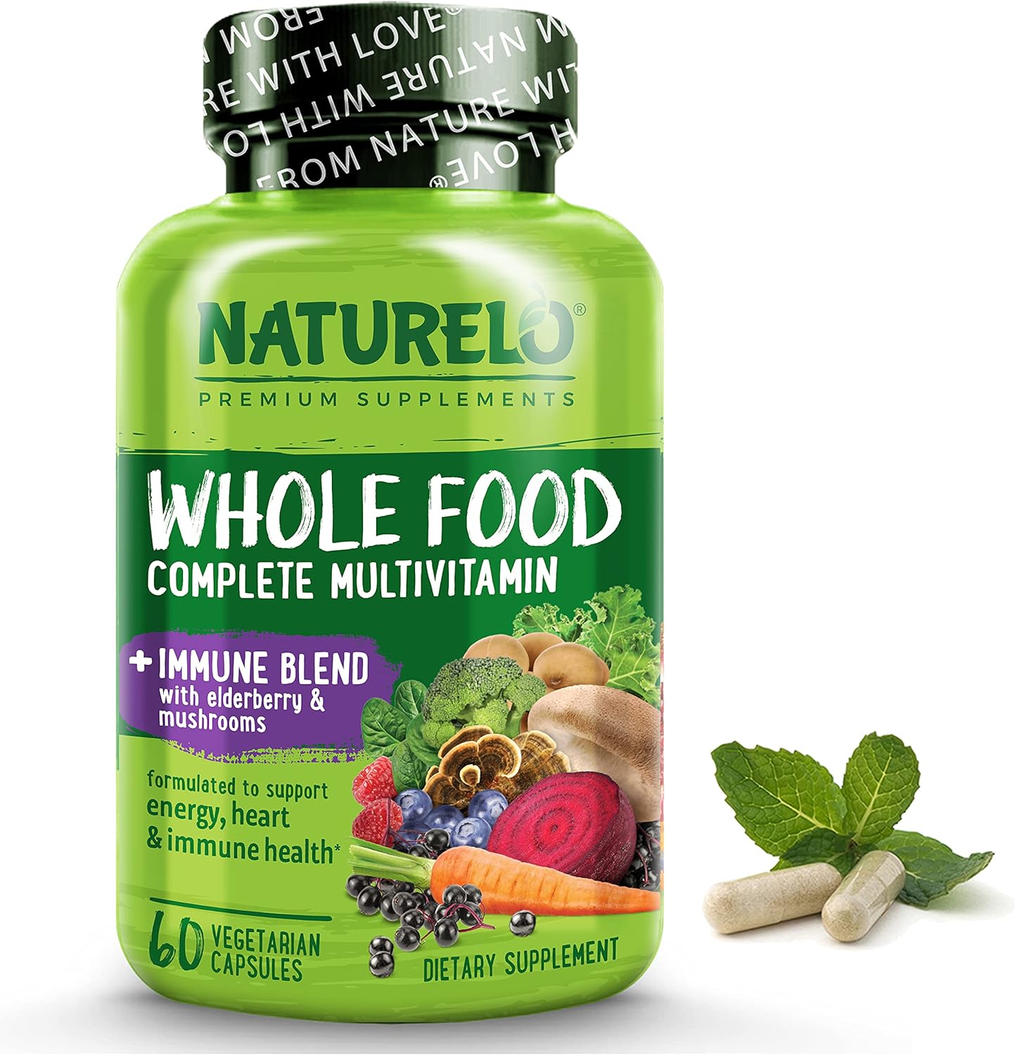 Naturelo Whole Food Multivitamin + Immune Blend With Elderberry & Mushrooms - Complete Multivitamin With Extra Immune Support - C, D3, Zinc, Elderberry, Reishi, Shitake - 60 Vegan Capsules