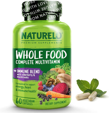 Naturelo Whole Food Multivitamin + Immune Blend With Elderberry & Mushrooms - Complete Multivitamin With Extra Immune Support - C, D3, Zinc, Elderberry, Reishi, Shitake - 60 Vegan Capsules