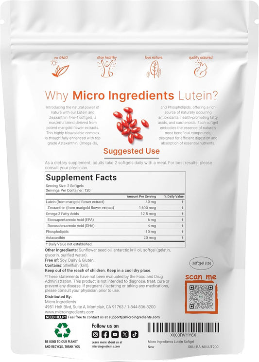 Micro Ingredients Lutein & Zeaxanthin 20Mg Softgels, 400 Count, With Astaxanthin, Omega-3S, & Phospholipids | Eye + Vision Health Vitamins | Third Party Tested, Non-Gmo, Gluten Free