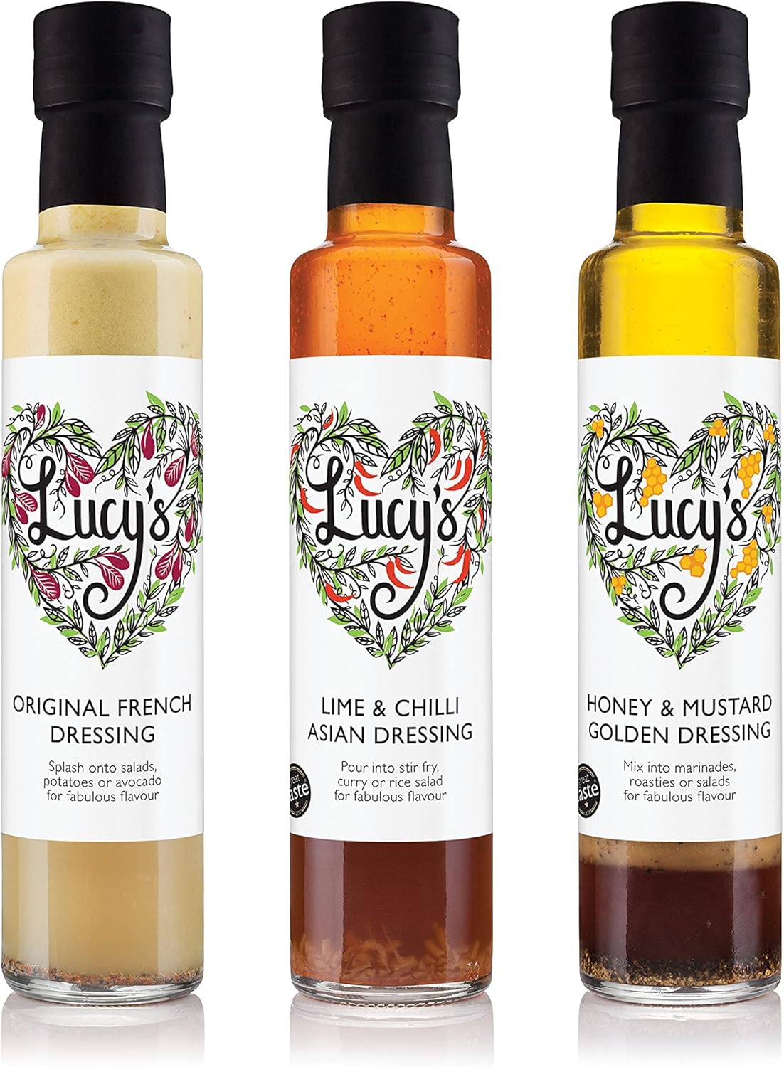 Lucy’S Dressings – Great Taste Bundle; Original French Dressing, Lime & Chilli Asian Dressing And Honey & Mustard Golden Dressing – 3 X 250Ml