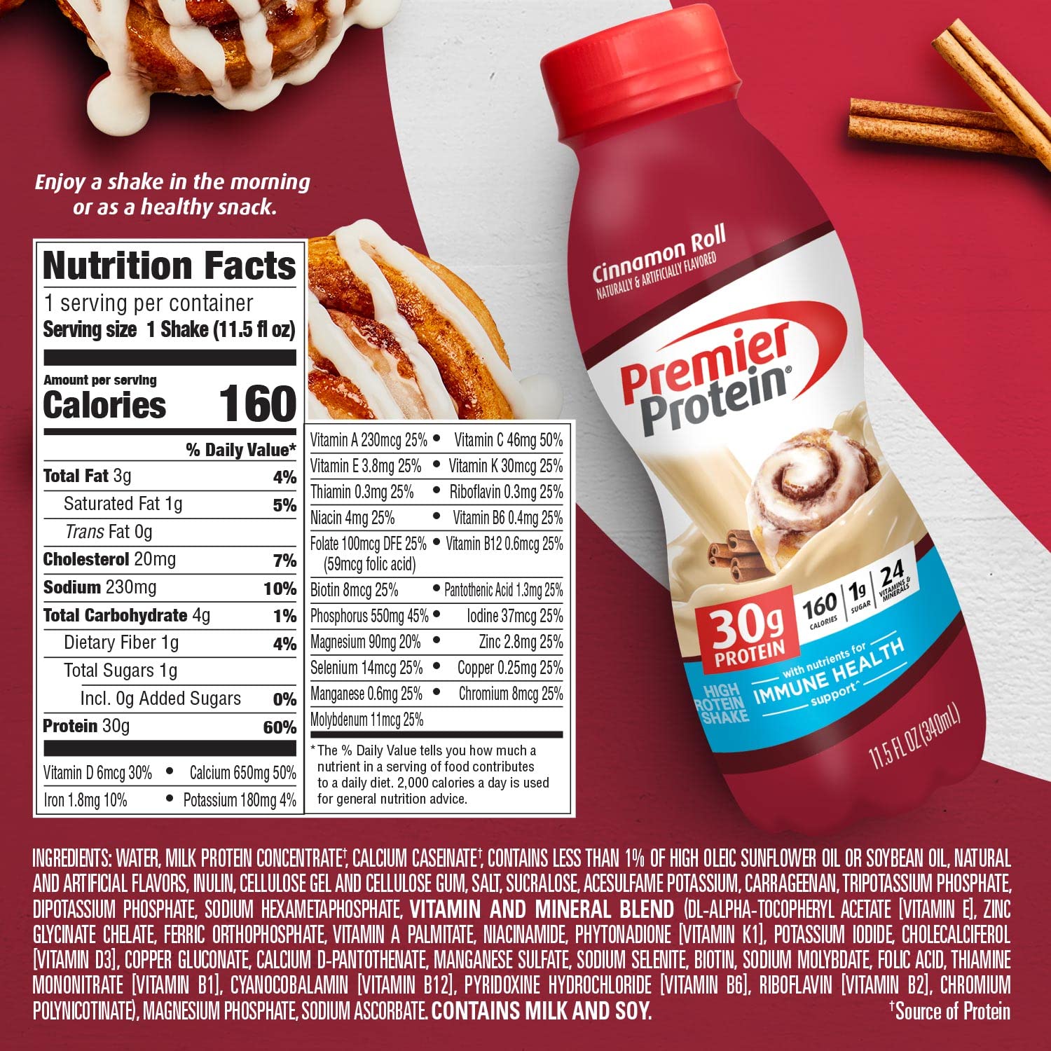 Premier Protein Shake, 30G Protein, 1G Sugar,24 Vitamins&Minerals Nutrients To Support Immune Health, Cinnamon Roll,11.5 Fl Oz - Pack Of 12