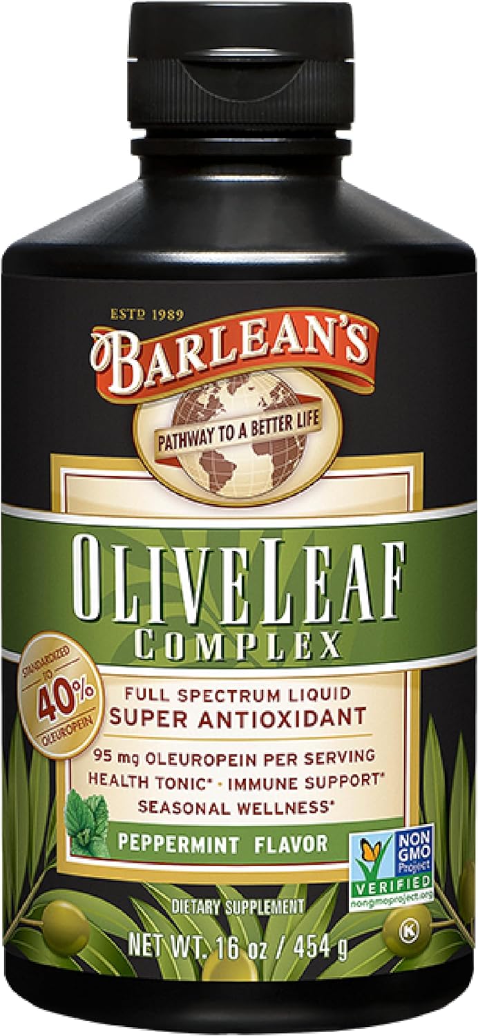 Barlean's Peppermint Olive Leaf Complex Liquid Immune Support Supplement with 95mg Oleuropein Antioxidants for Seasonal Wellness, Heart Health, & Immune System Booster, 16 Ounce