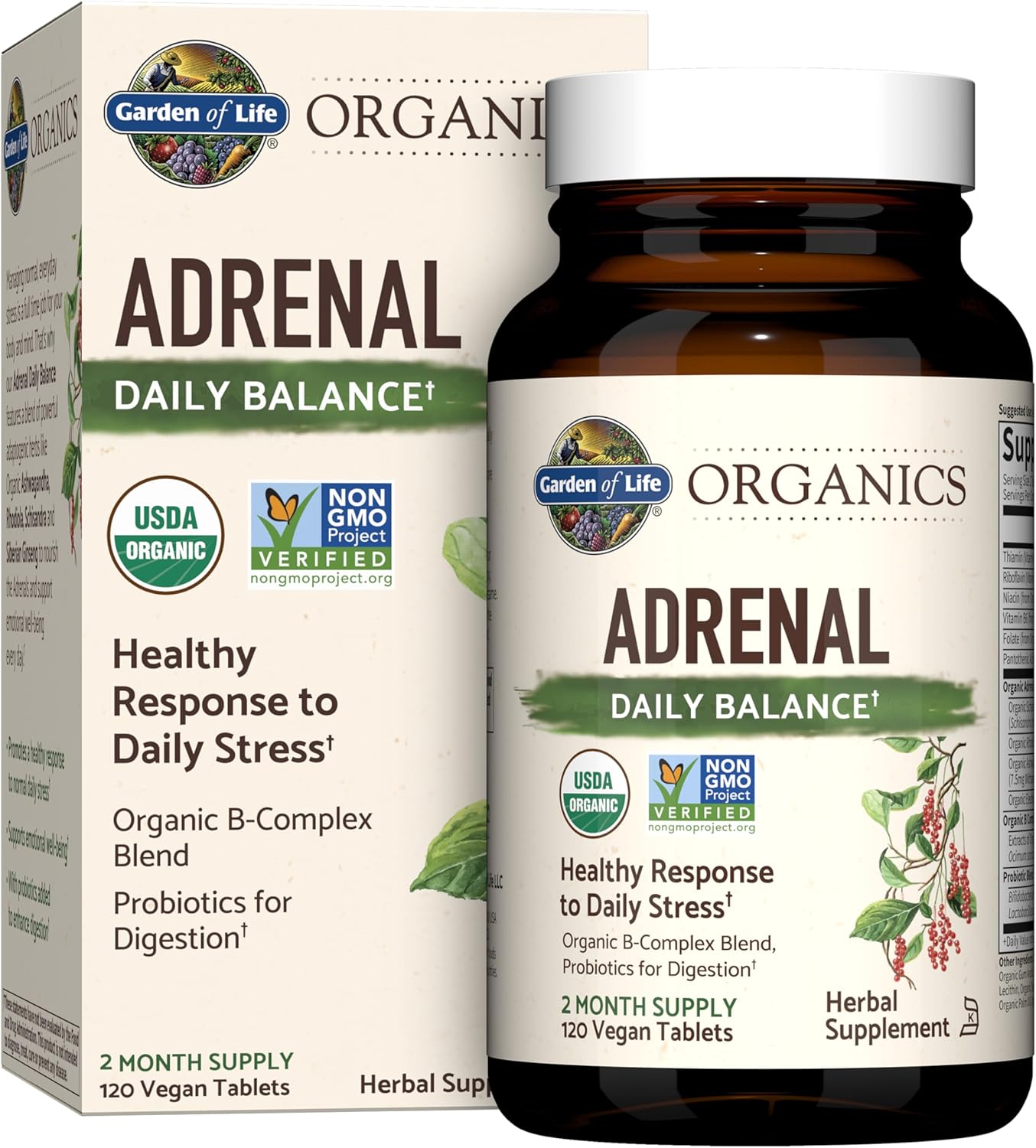 Garden Of Life Organics Adrenal Daily Balance, Adaptogenic Herbs Ashwagandha, Holy Basil, B Complex & Probiotics, Organic Non-Gmo, Vegan, Gluten Free Supplement, Two Month Supply, 120 Tablets