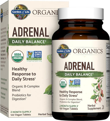 Garden Of Life Organics Adrenal Daily Balance, Adaptogenic Herbs Ashwagandha, Holy Basil, B Complex & Probiotics, Organic Non-Gmo, Vegan, Gluten Free Supplement, Two Month Supply, 120 Tablets