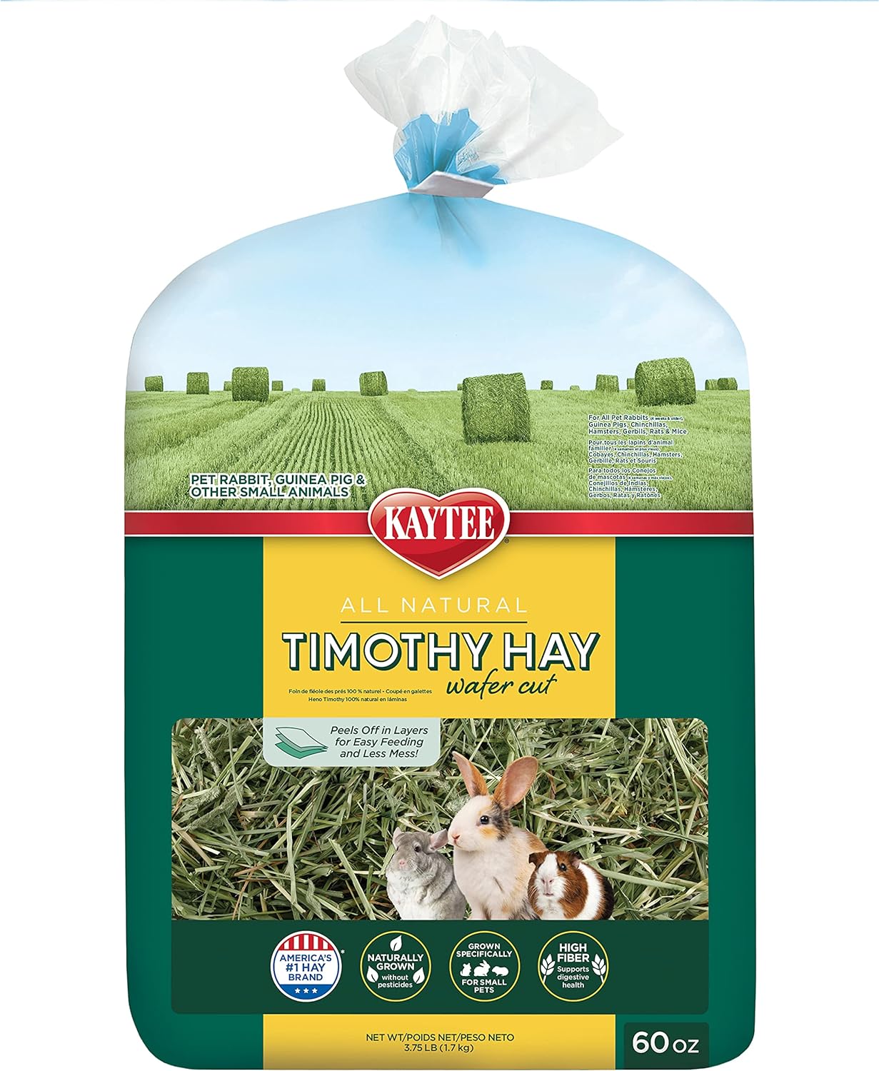 Kaytee Wafer Cut All Natural Timothy Hay For Pet Guinea Pigs, Rabbits & Other Small Animals, 60 Ounce