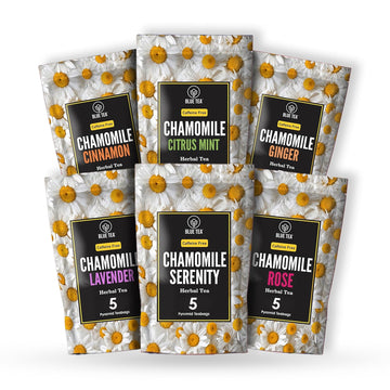 Blue Tea - Chamomile Assorted Herbal Sampler Tea Pack (6 Flavors, 30 Tea Bags) | Cinnamon, Citrus Mint, Ginger, Lavender, Rose | Gifts For Her & Him |