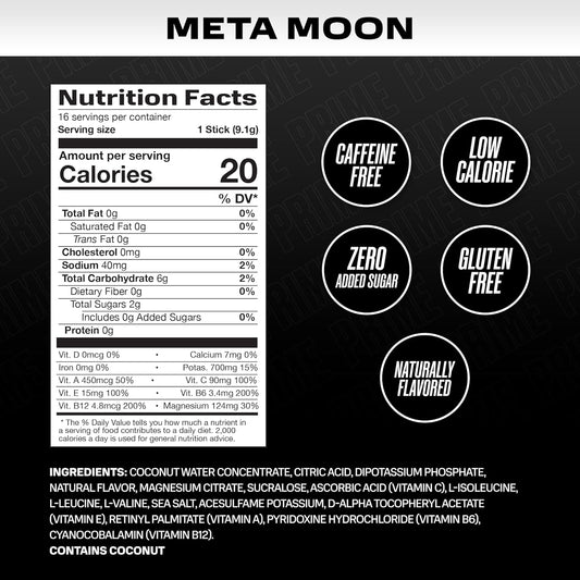 Prime Hydration+ Sticks Meta Moon | Hydration Powder Single Serve Sticks | Electrolyte Powder On The Go | 250Mg Bcaas, B Vitamins, Antioxidants | Low Sugar | Caffeine-Free | Vegan | 48 Sticks