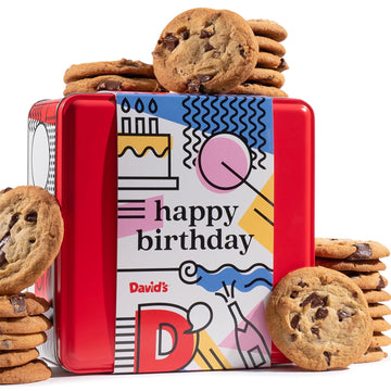 David'S Cookies Happy Birthday Chocolate Chunk Cookies Tin 1Lb - Handmade And Fresh Baked Gourmet Cookie Gift Basket - Delectable & Made With Premium Ingredients - Ideal Birthday Food Gift For All